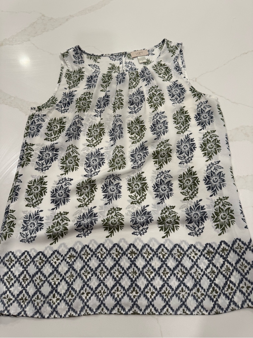 LOFT White Sleeveless Top with Navy & Olive Motif
